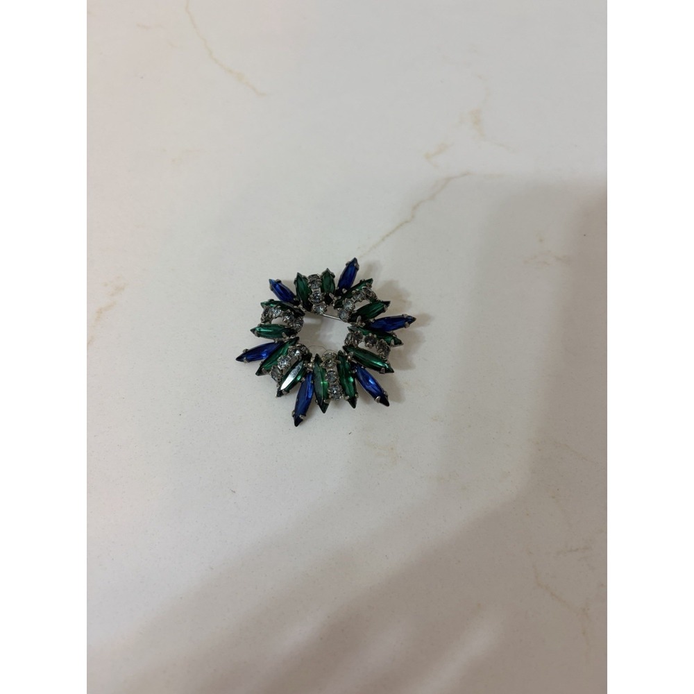 Juliana D&E Brooch Blue Green Marquis Stone Wreath W Aurora Rhinestones